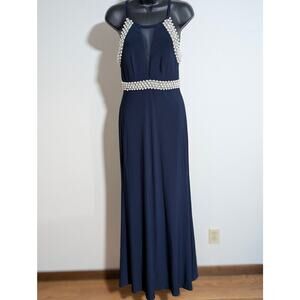Camille La Vie Blue Long Formal Evening Dress Beaded Sleeveless Size 2 Xsmall